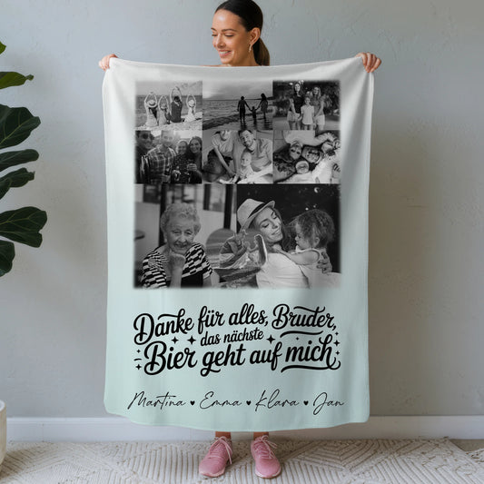 Decke Mit Namen 8 Fotos und 1 Herz Foto Danke Bruder Bier geht auf mich Schwarz-Weiß Personalisiertes Geschenk 1