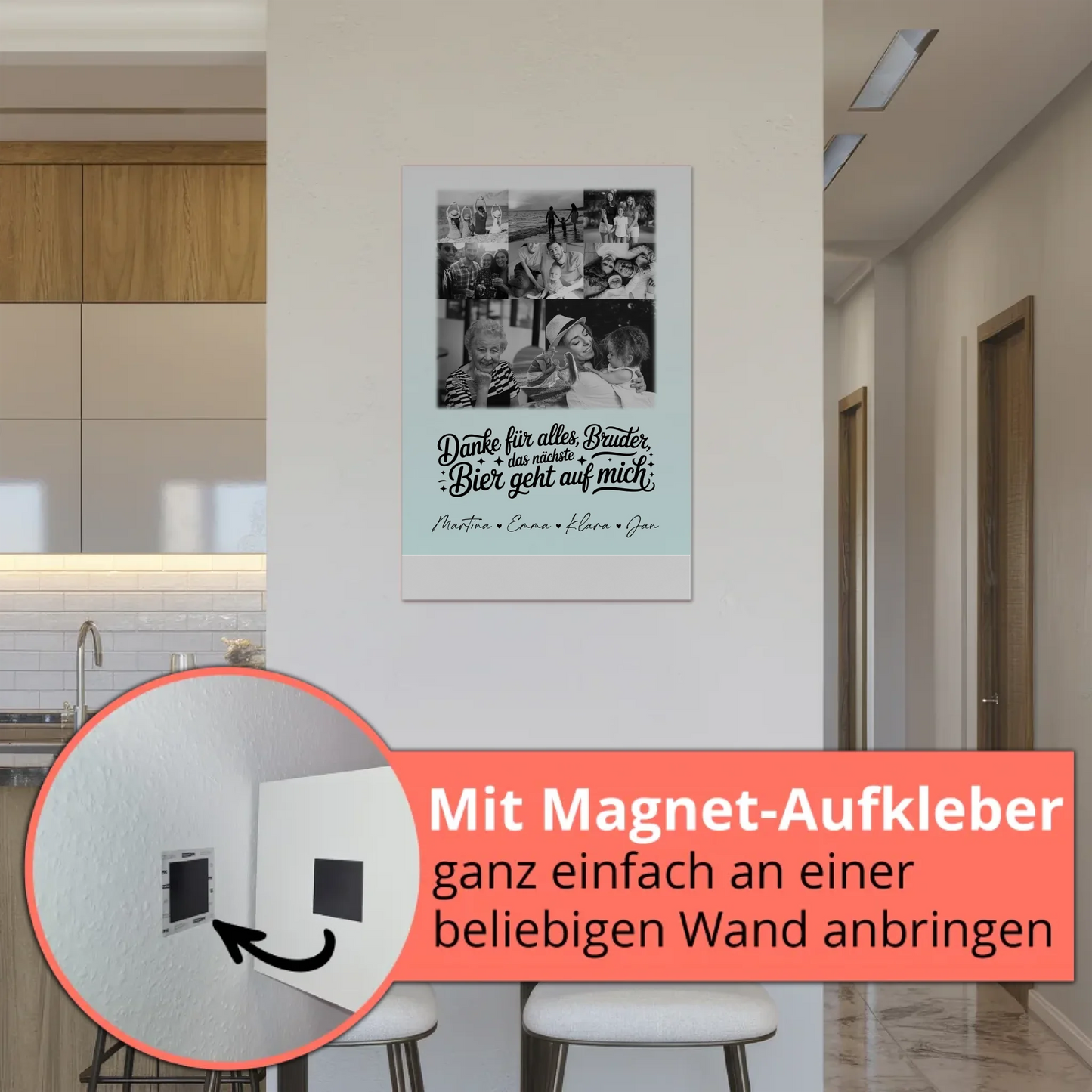 Personalisierbares Fotoboard Poster Magnetisch mit 8 Fotos und Herz Motiv Danke Bruder Bier geht auf mich Schwarz-Weiß Geschenk