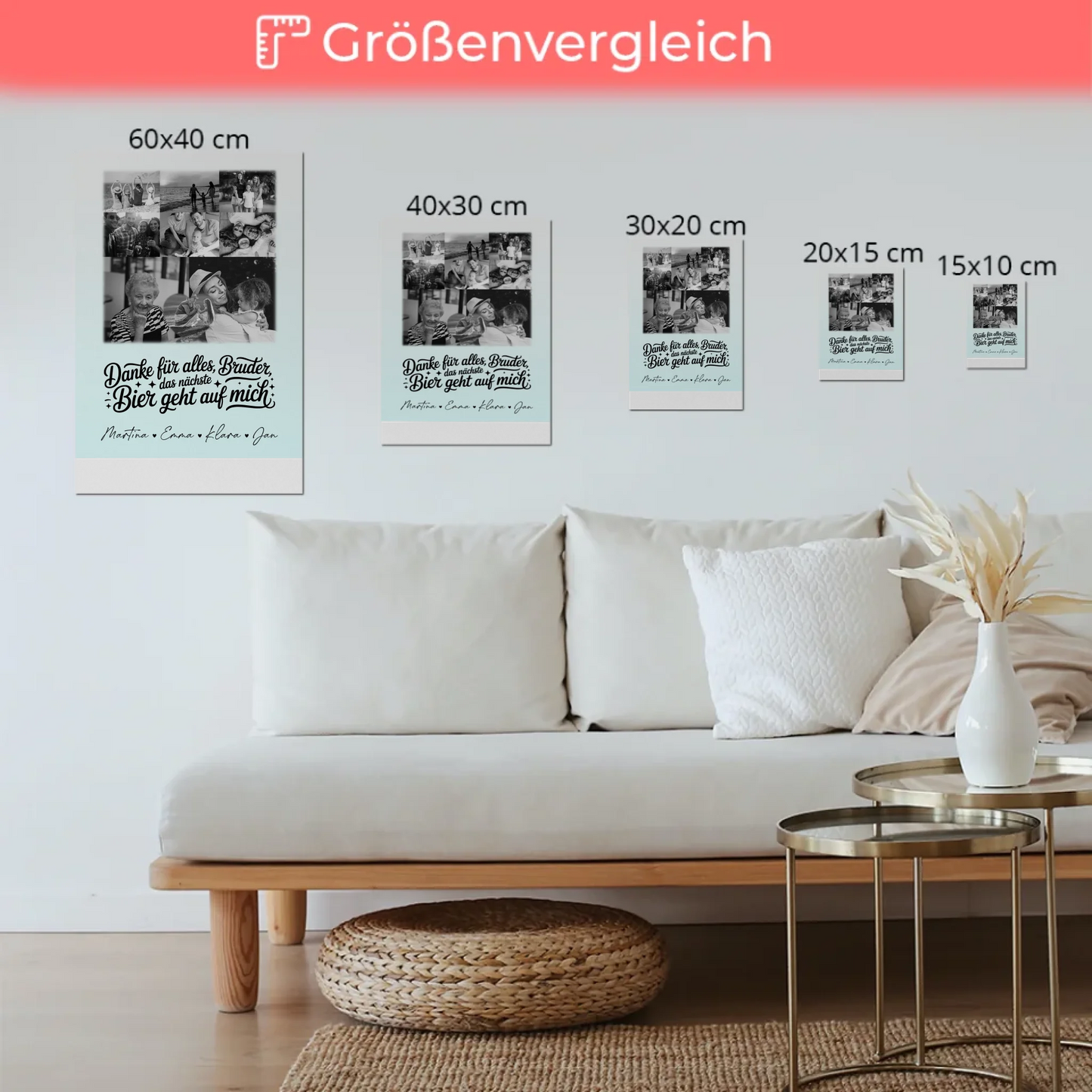 Personalisierbares Fotoboard Poster Magnetisch mit 8 Fotos und Herz Motiv Danke Bruder Bier geht auf mich Schwarz-Weiß Geschenk