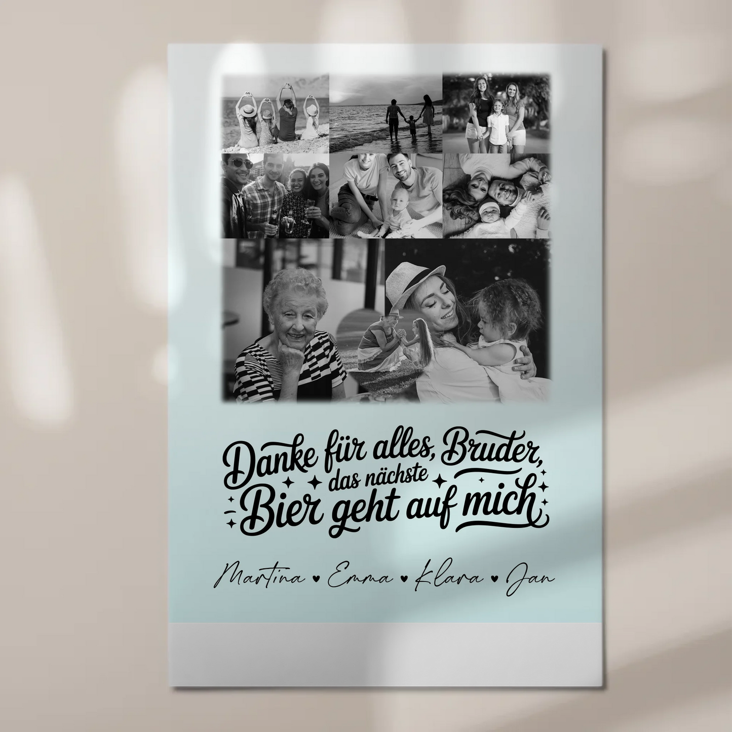 Personalisierbares Fotoboard Poster Magnetisch mit 8 Fotos und Herz Motiv Danke Bruder Bier geht auf mich Schwarz-Weiß Geschenk