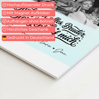 Personalisierbares Fotoboard Poster Magnetisch mit 8 Fotos und Herz Motiv Danke Bruder Bier geht auf mich Schwarz-Weiß Geschenk