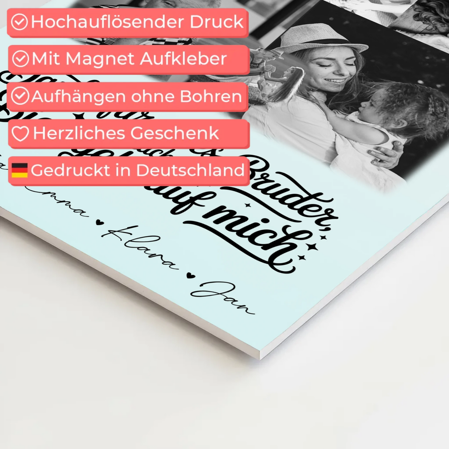 Personalisierbares Fotoboard Poster Magnetisch mit 8 Fotos und Herz Motiv Danke Bruder Bier geht auf mich Schwarz-Weiß Geschenk