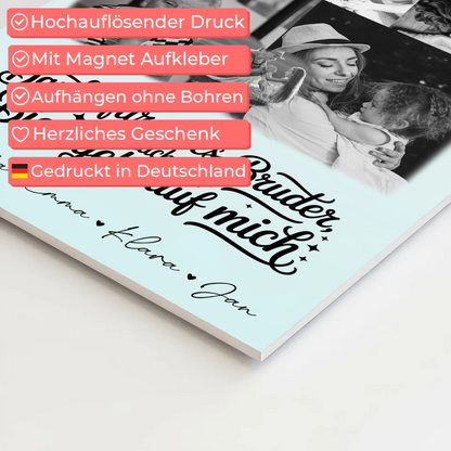 Personalisierbares Fotoboard Poster Magnetisch mit 8 Fotos und Herz Motiv Danke Bruder Bier geht auf mich Schwarz-Weiß Geschenk