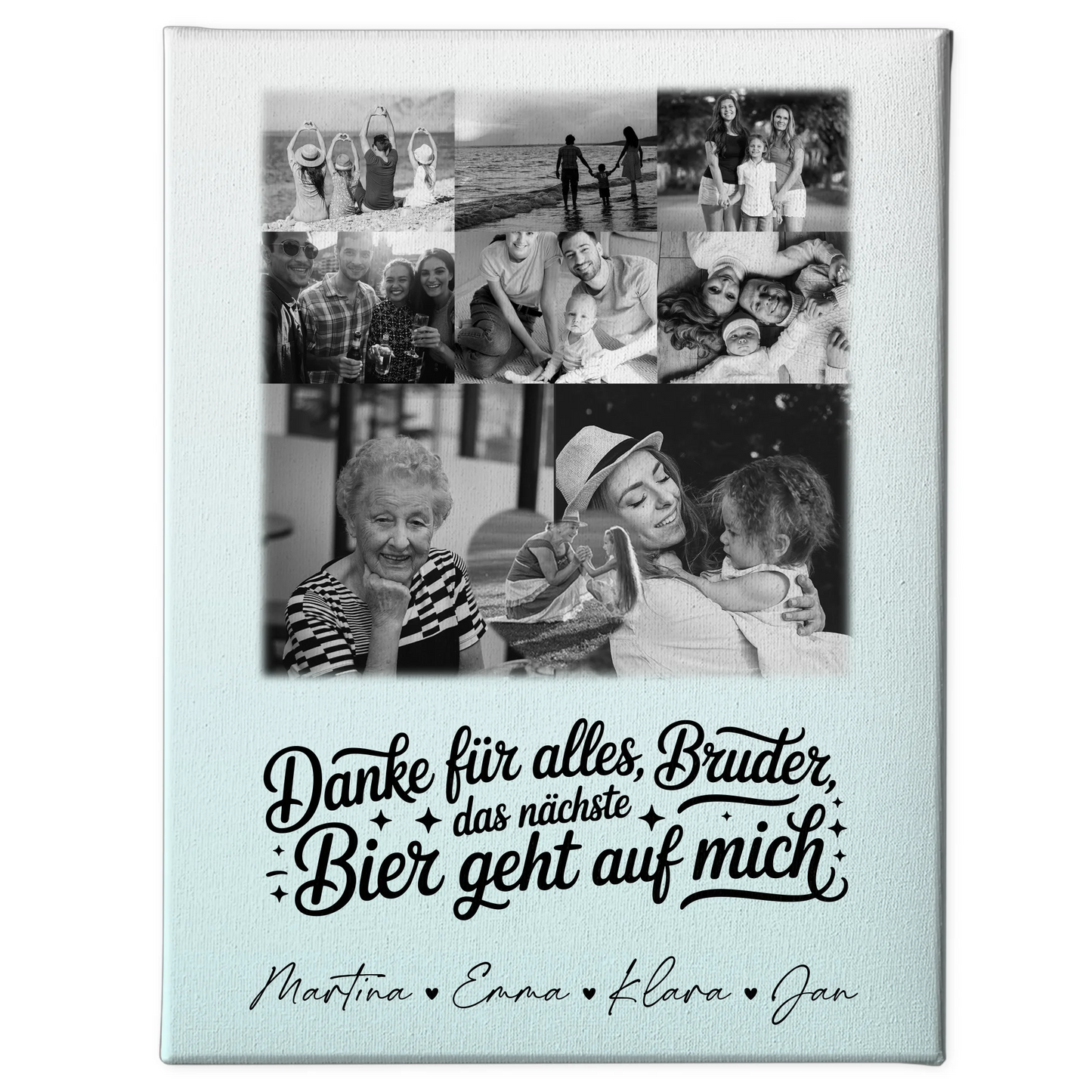 Personalisierte Leinwand Bild mit 8 Fotos und 1 Herz Foto Danke Bruder Bier geht auf mich Schwarz-Weiß 1