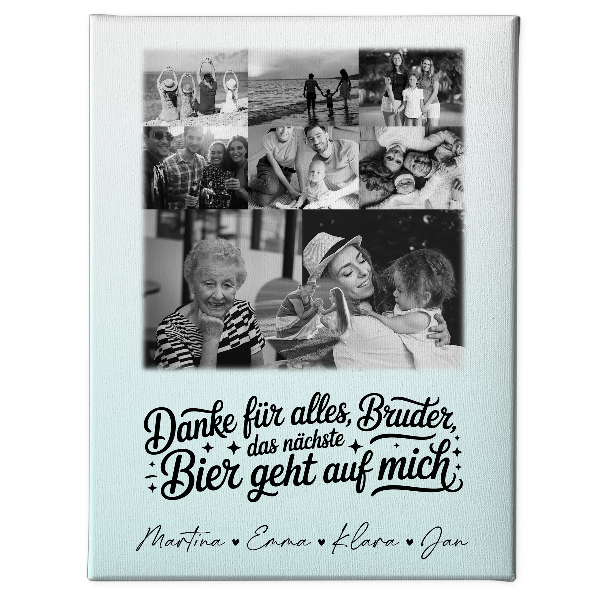 Personalisierte Leinwand Bild mit 8 Fotos und 1 Herz Foto Danke Bruder Bier geht auf mich Schwarz-Weiß 1