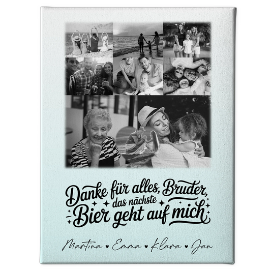 Personalisierte Leinwand Bild mit 8 Fotos und 1 Herz Foto Danke Bruder Bier geht auf mich Schwarz-Weiß 1