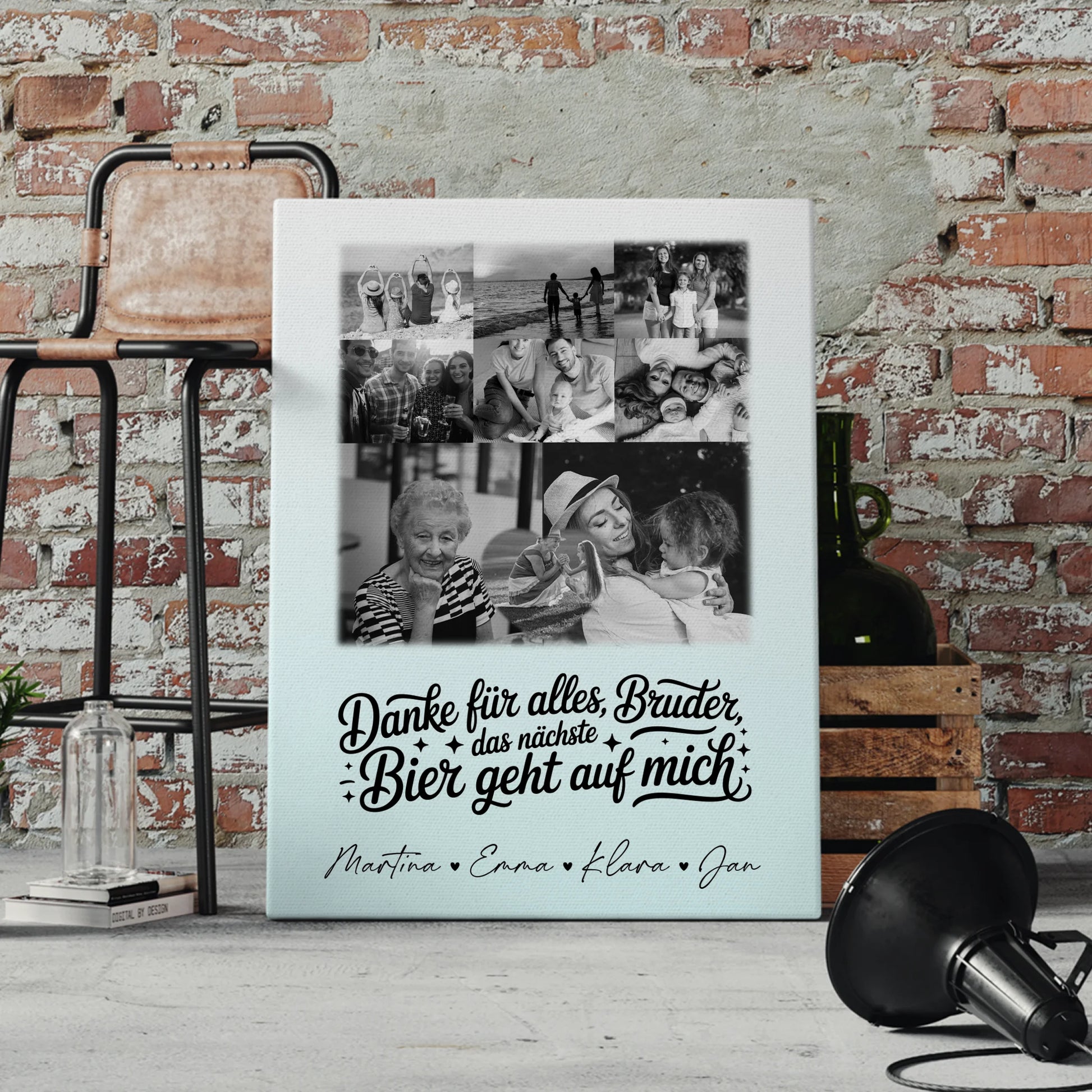 Personalisierte Leinwand Bild mit 8 Fotos und 1 Herz Foto Danke Bruder Bier geht auf mich Schwarz-Weiß 4