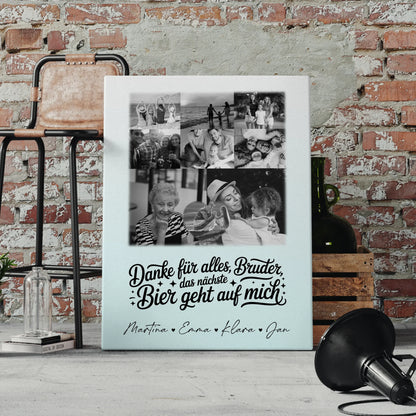 Personalisierte Leinwand Bild mit 8 Fotos und 1 Herz Foto Danke Bruder Bier geht auf mich Schwarz-Weiß 4