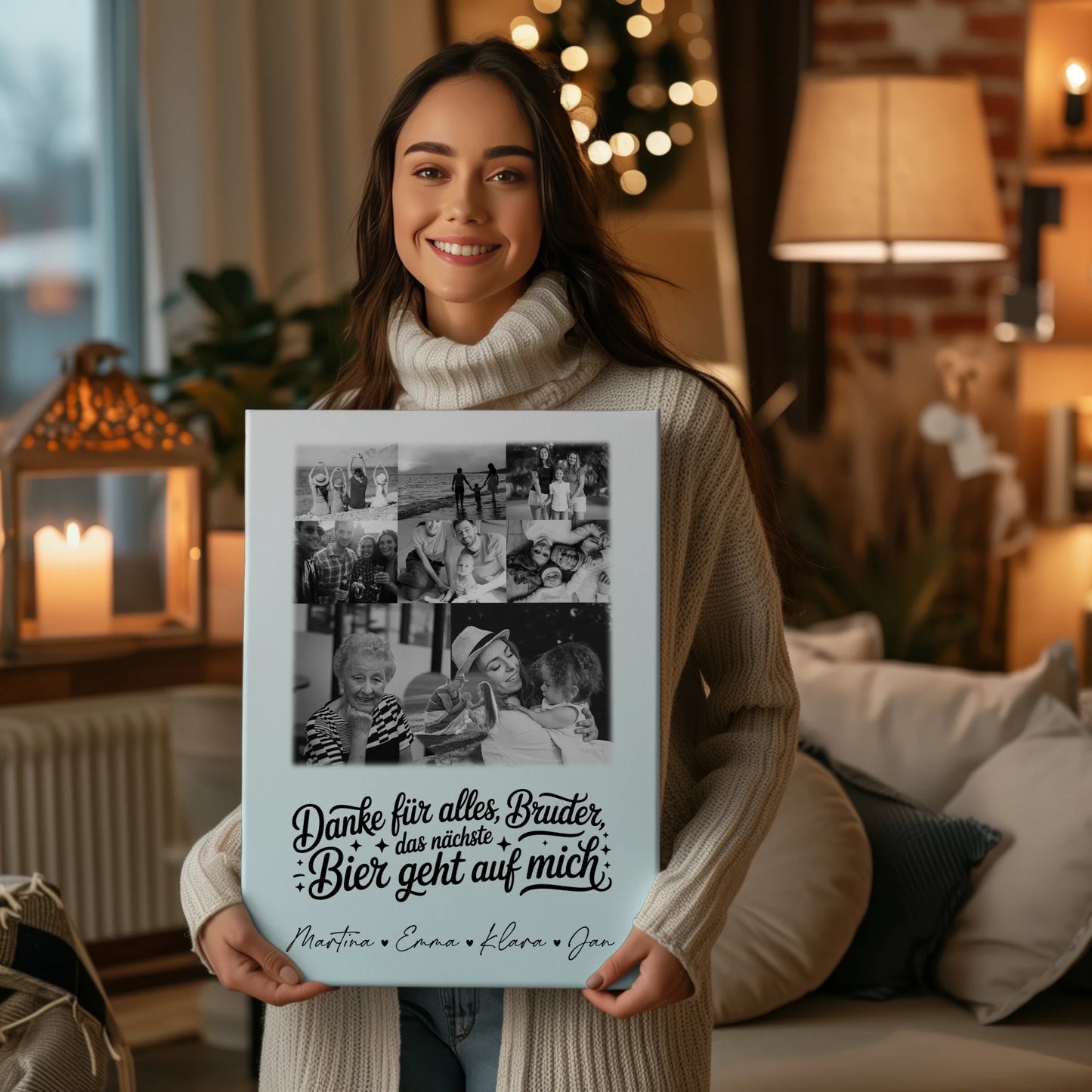 Personalisierte Leinwand Bild mit 8 Fotos und 1 Herz Foto Danke Bruder Bier geht auf mich Schwarz-Weiß 2
