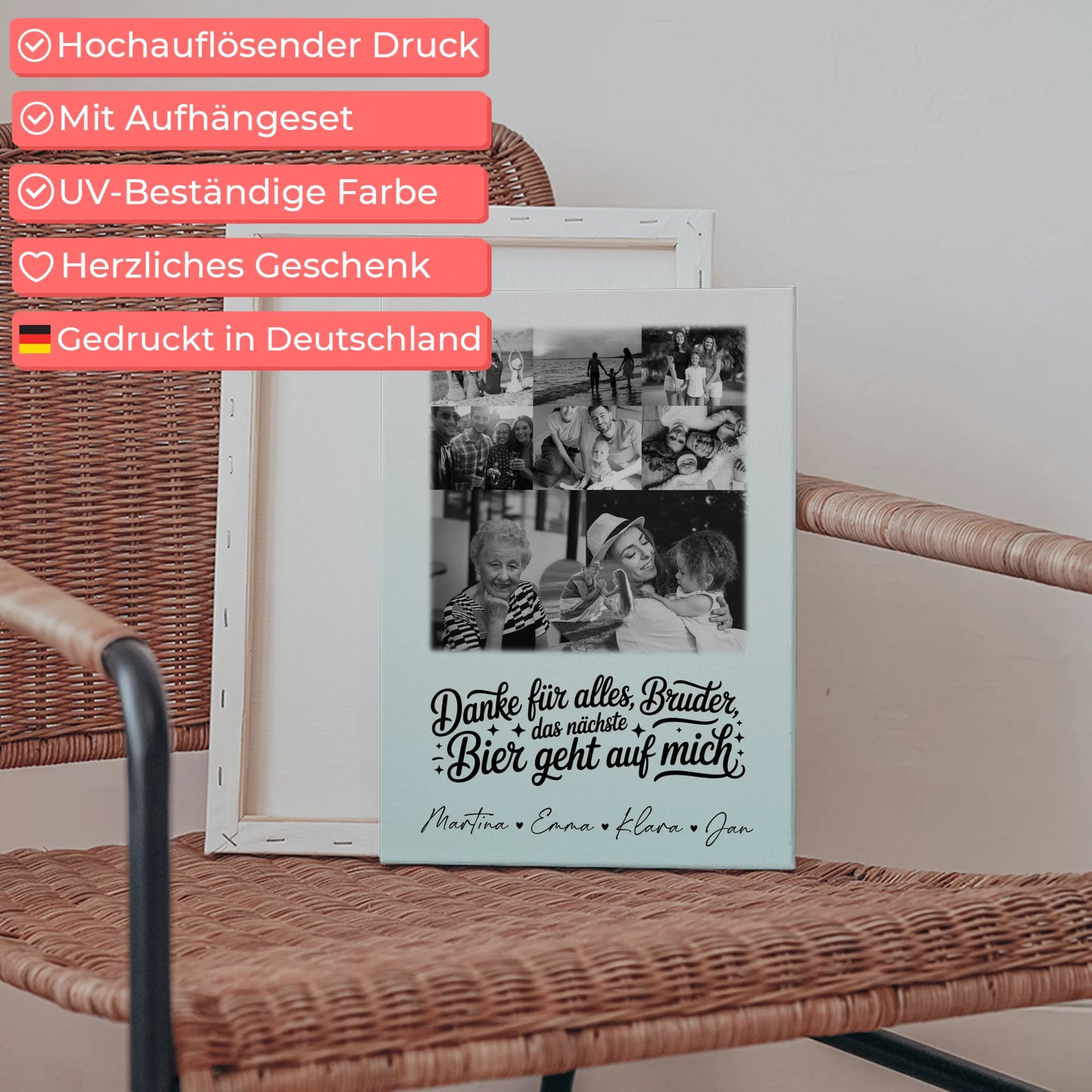 Personalisierte Leinwand Bild mit 8 Fotos und 1 Herz Foto Danke Bruder Bier geht auf mich Schwarz-Weiß 5