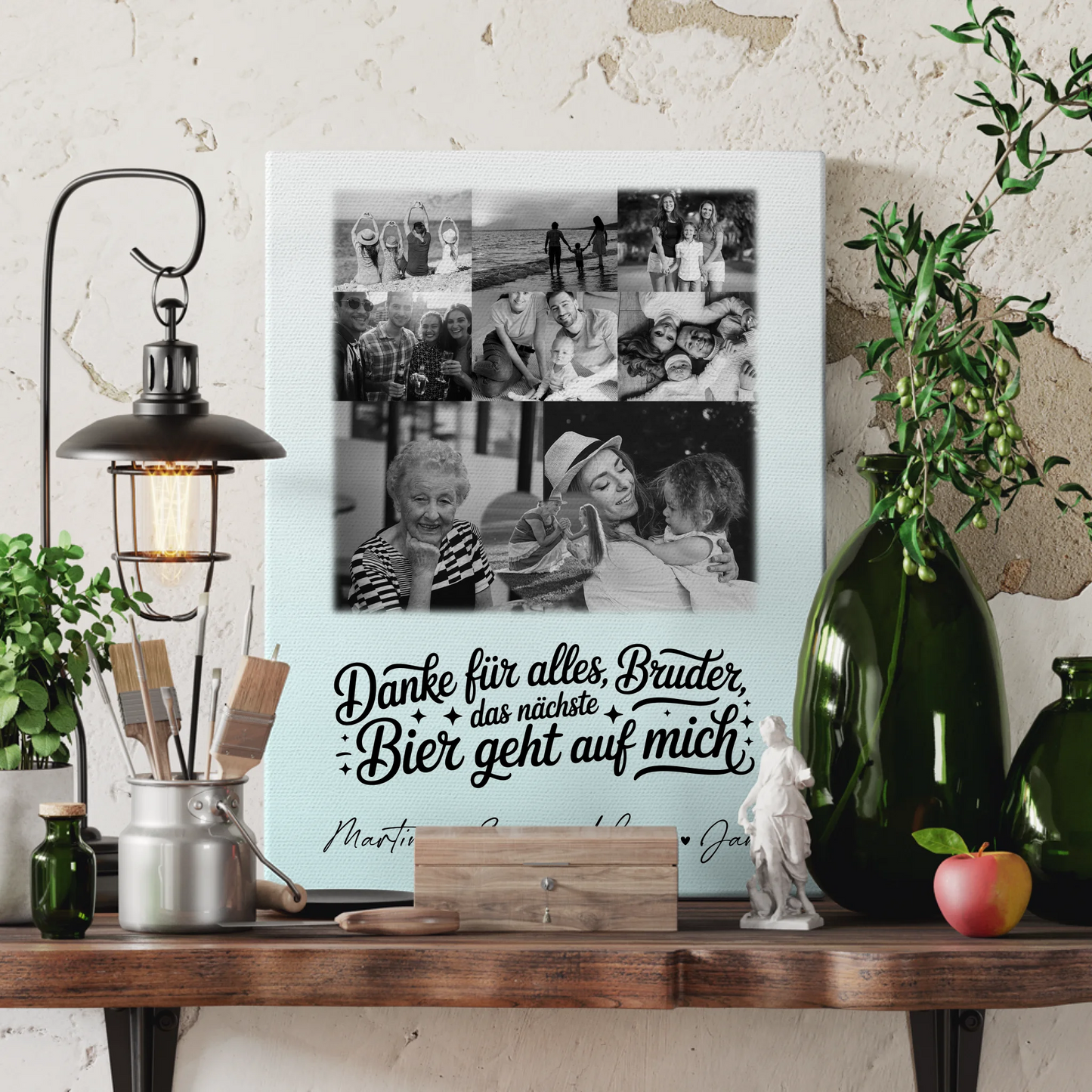 Personalisierte Leinwand Bild mit 8 Fotos und 1 Herz Foto Danke Bruder Bier geht auf mich Schwarz-Weiß 3