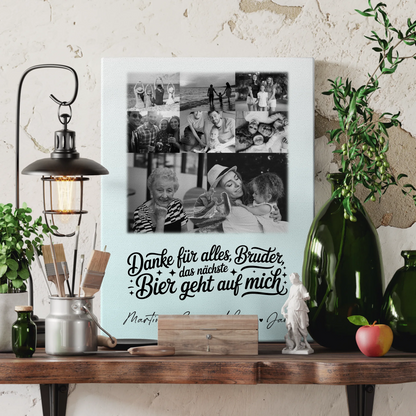 Personalisierte Leinwand Bild mit 8 Fotos und 1 Herz Foto Danke Bruder Bier geht auf mich Schwarz-Weiß 3