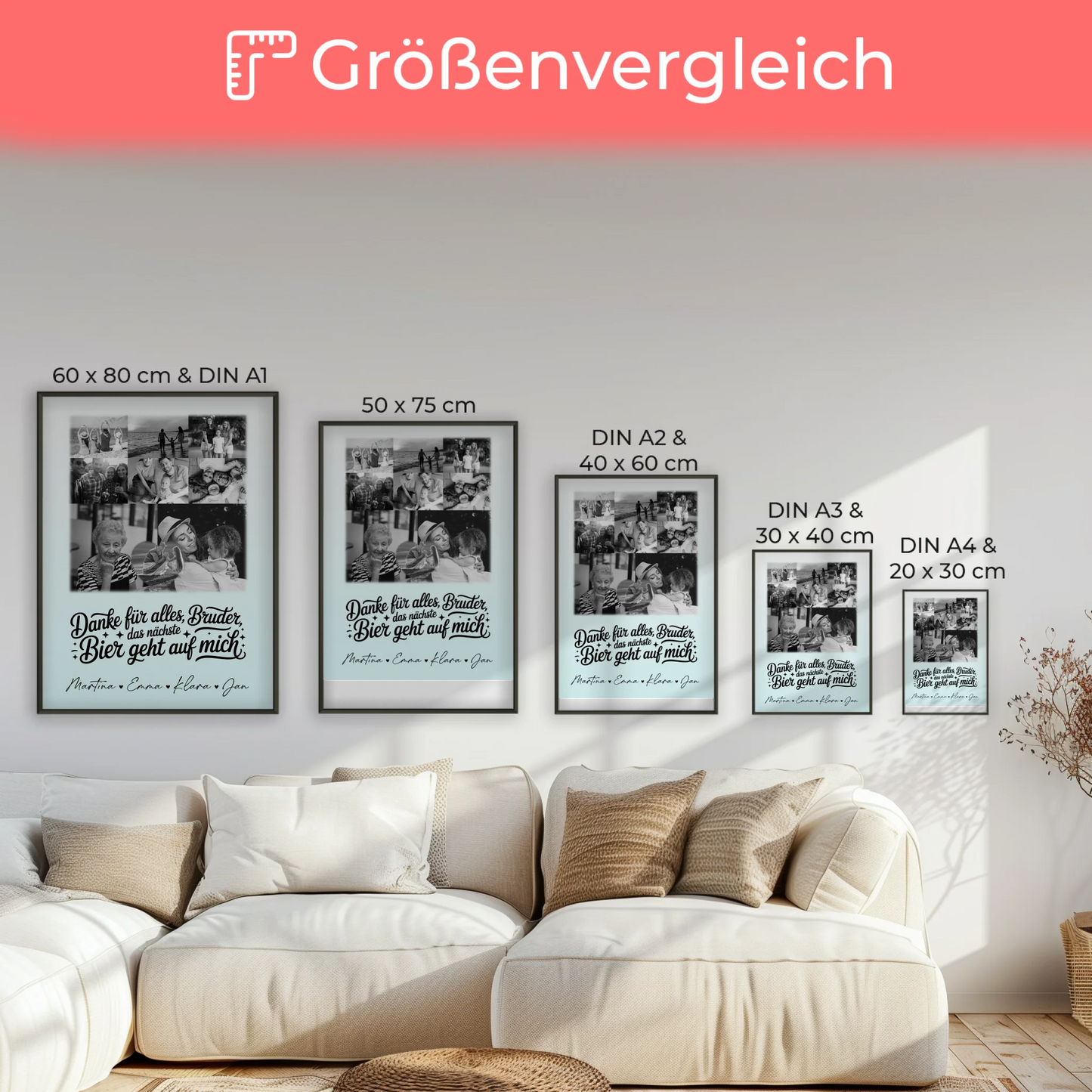 Bruder Poster Personalisiert mit 8 Fotos und Herz Foto Danke Bruder Bier geht auf mich Schwarz-Weiß