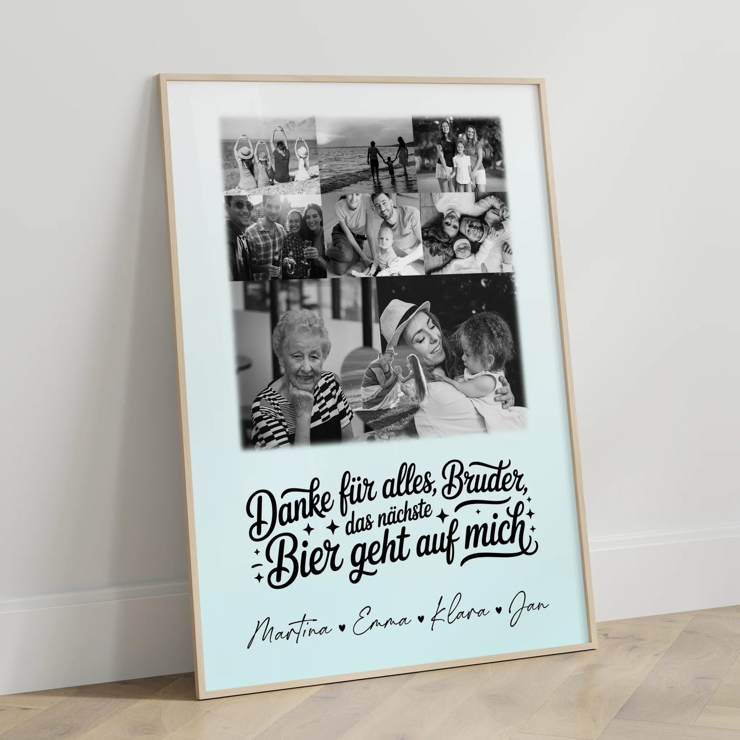 Bruder Poster Personalisiert mit 8 Fotos und Herz Foto Danke Bruder Bier geht auf mich Schwarz-Weiß
