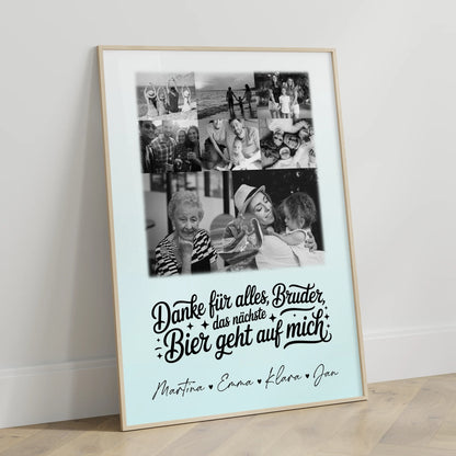 Bruder Poster Personalisiert mit 8 Fotos und Herz Foto Danke Bruder Bier geht auf mich Schwarz-Weiß