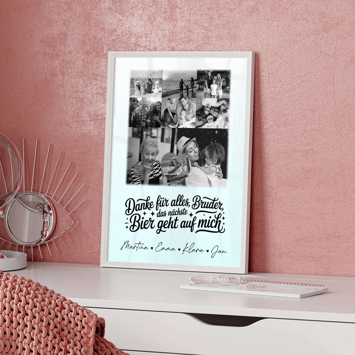 Bruder Poster Personalisiert mit 8 Fotos und Herz Foto Danke Bruder Bier geht auf mich Schwarz-Weiß