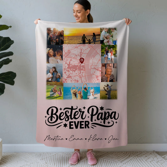 Personalisierte Decke Mann mit 10 Fotos und Karte in der Mitte Bester Papa Ever 1