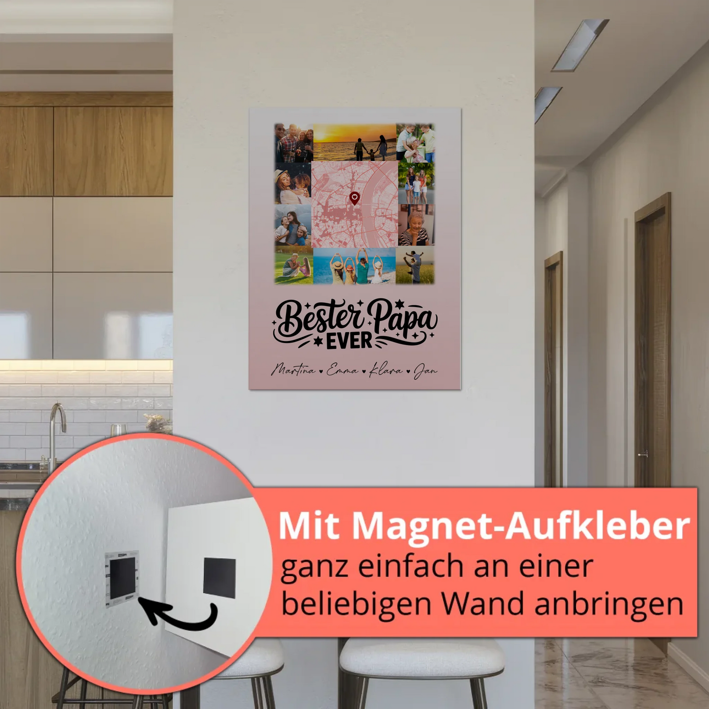 Personalisiertes Fotoboard Poster Magnetisch mit 10 Fotos und Karte in der Mitte Bester Papa Ever