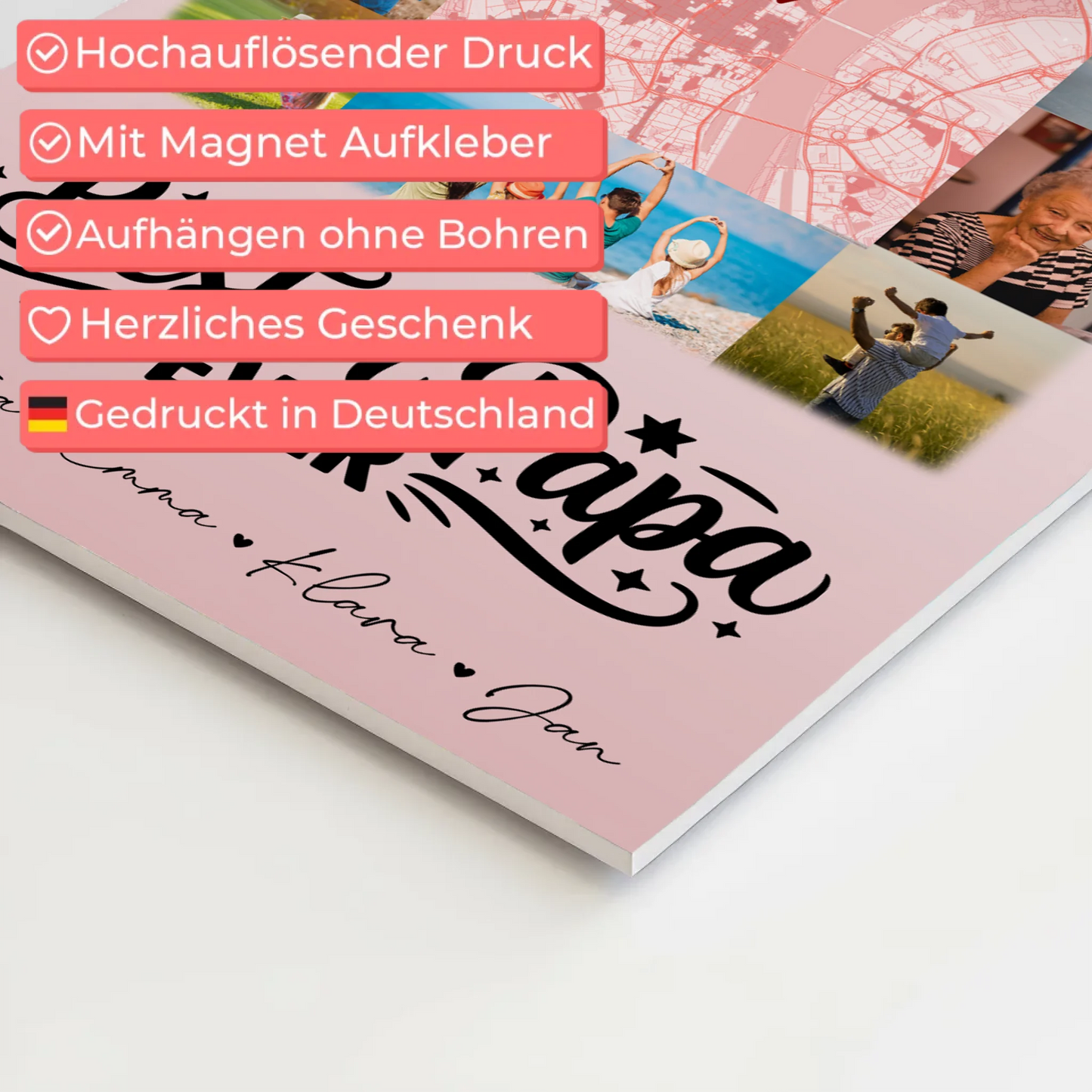 Personalisiertes Fotoboard Poster Magnetisch mit 10 Fotos und Karte in der Mitte Bester Papa Ever