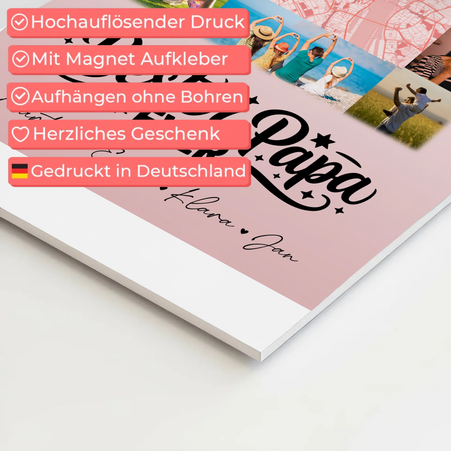 Personalisiertes Fotoboard Poster Magnetisch mit 10 Fotos und Karte in der Mitte Bester Papa Ever