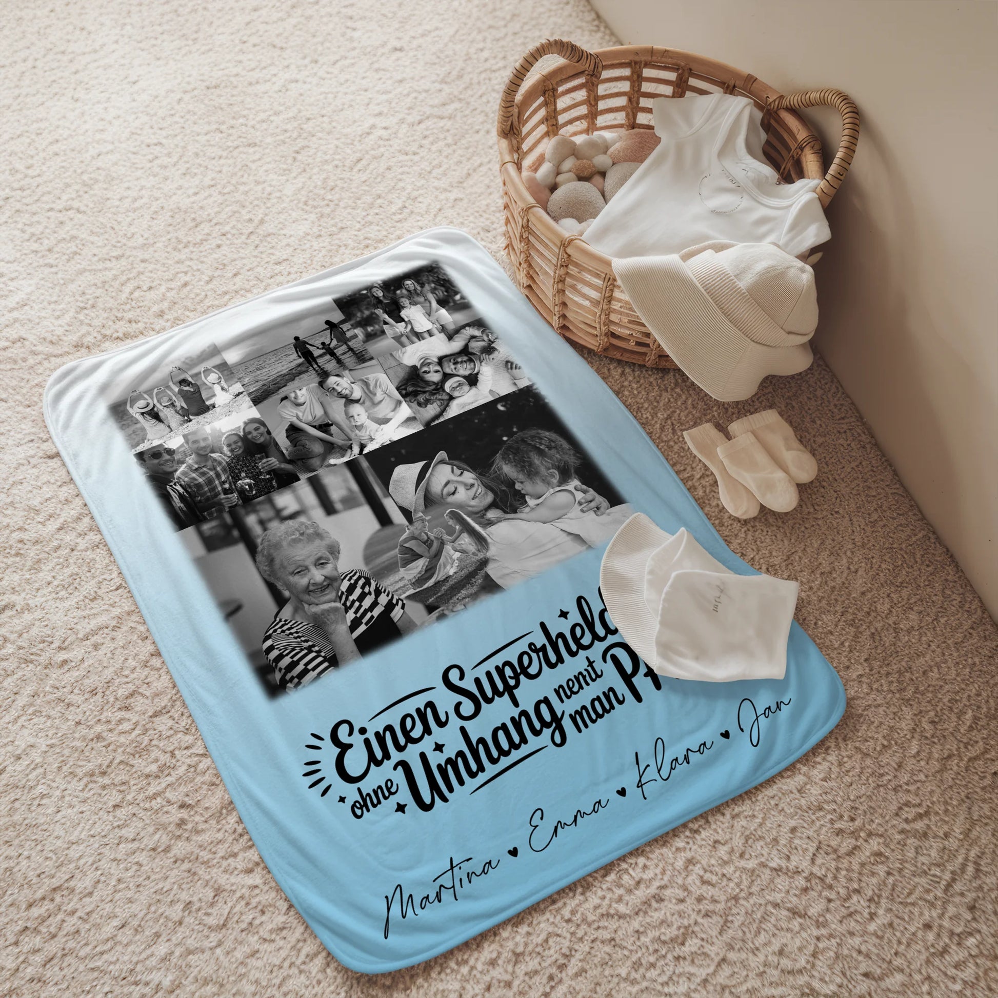 Decke Mit Namen 8 Fotos und 1 Herz Foto Bruder ist mein Held Schwarz-Weiß 2