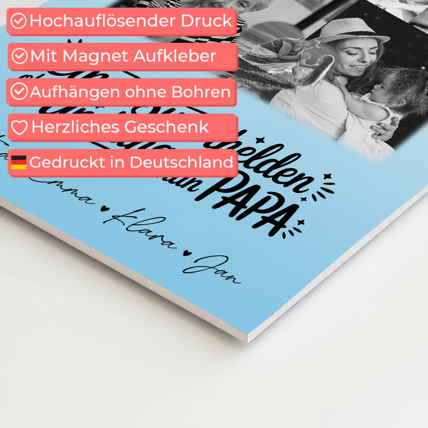 Personalisierbares Fotoboard Magnet Wandbild mit 8 Fotos und Herz Motiv Bruder ist mein Held Schwarz-Weiß 10