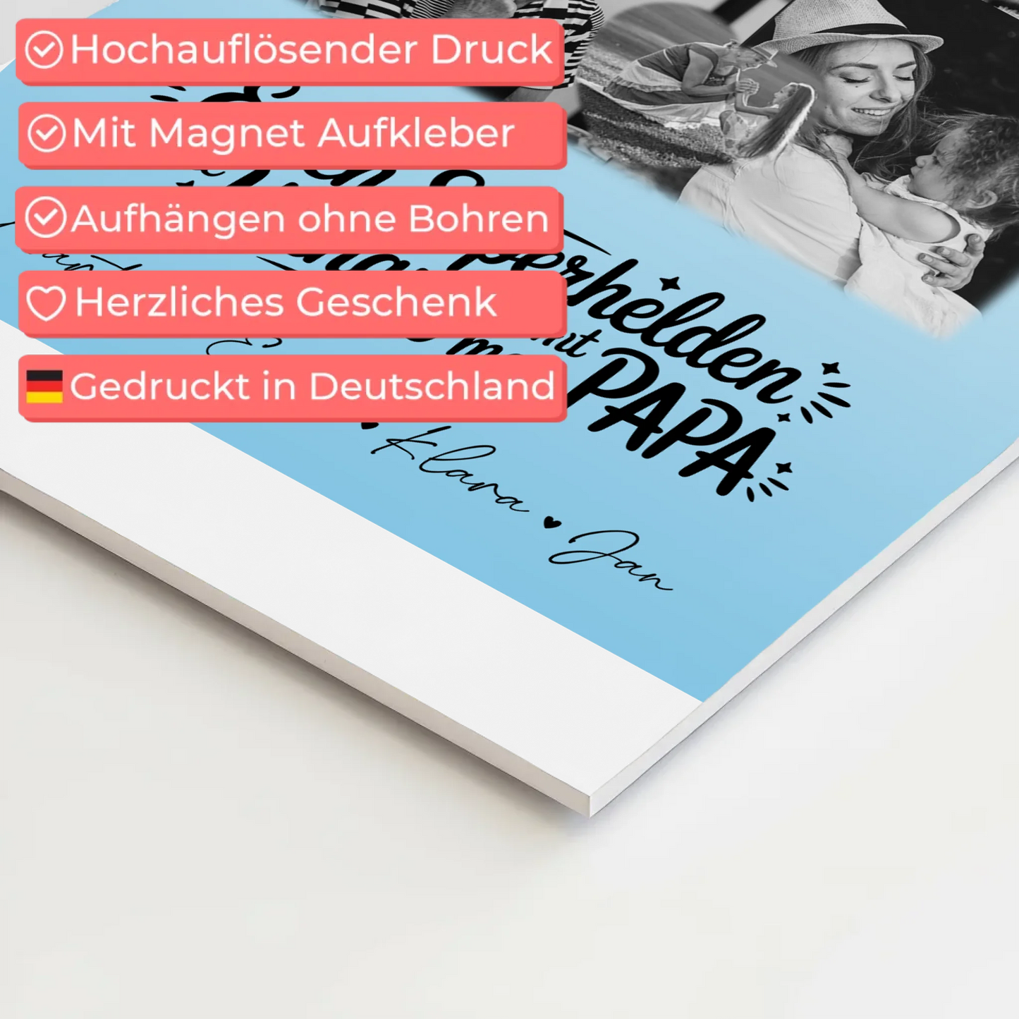 Personalisierbares Fotoboard Magnet Wandbild mit 8 Fotos und Herz Motiv Bruder ist mein Held Schwarz-Weiß