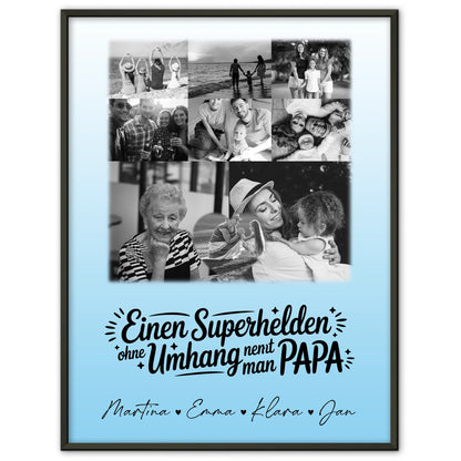 Vatertag Poster mit 8 Fotos und Herz Motiv Bruder ist mein Held Schwarz-Weiß personalisiertes Geschenk