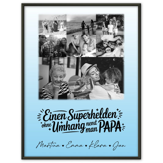 Vatertag Poster mit 8 Fotos und Herz Motiv Bruder ist mein Held Schwarz-Weiß personalisiertes Geschenk