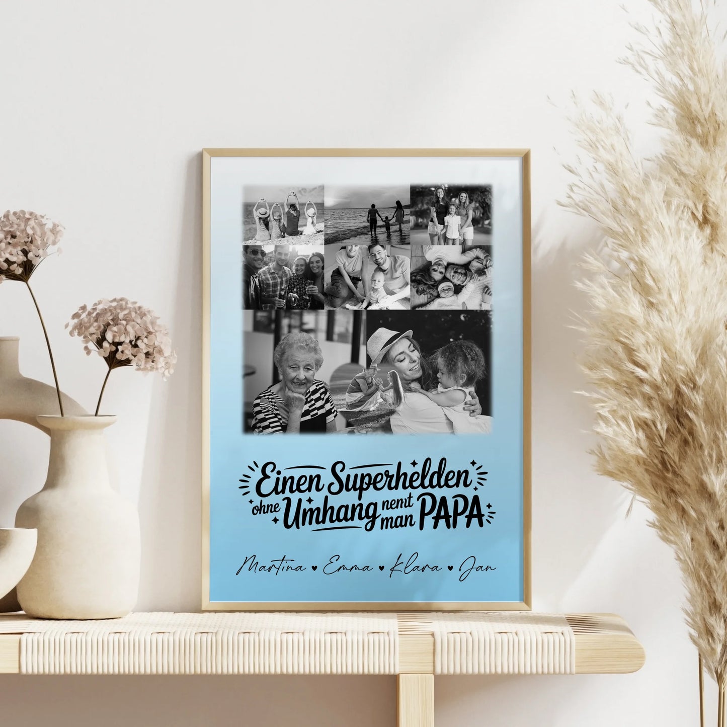 Vatertag Poster mit 8 Fotos und Herz Motiv Bruder ist mein Held Schwarz-Weiß personalisiertes Geschenk