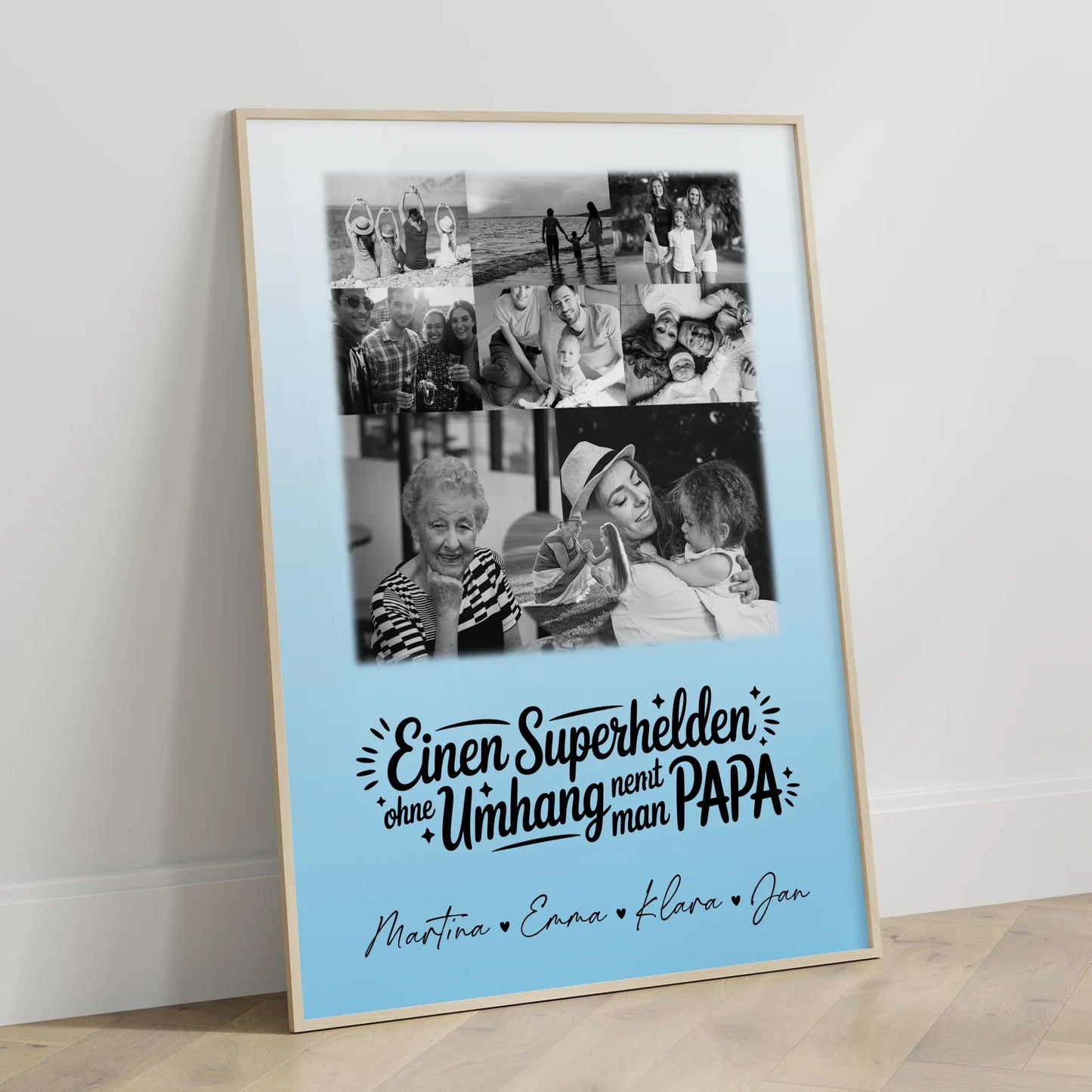 Vatertag Poster mit 8 Fotos und Herz Motiv Bruder ist mein Held Schwarz-Weiß personalisiertes Geschenk
