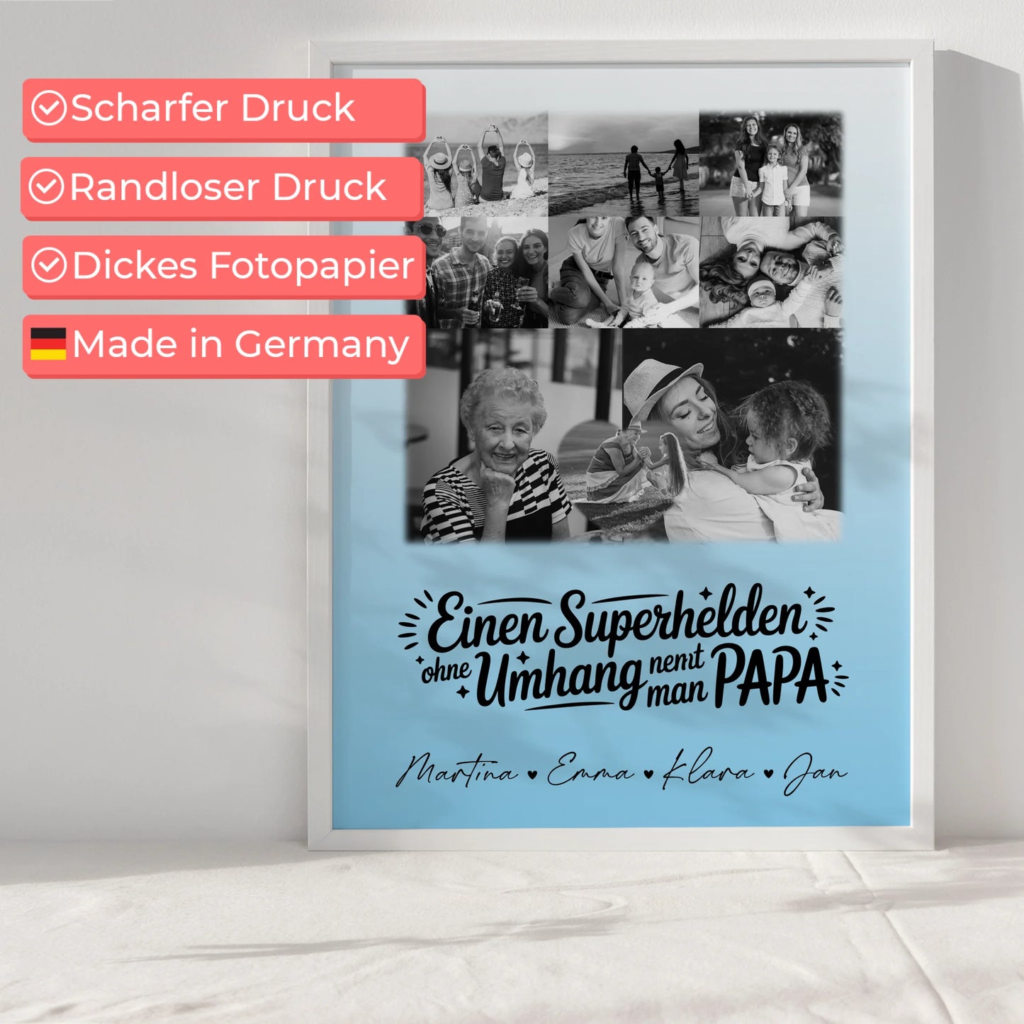 Vatertag Poster mit 8 Fotos und Herz Motiv Bruder ist mein Held Schwarz-Weiß personalisiertes Geschenk