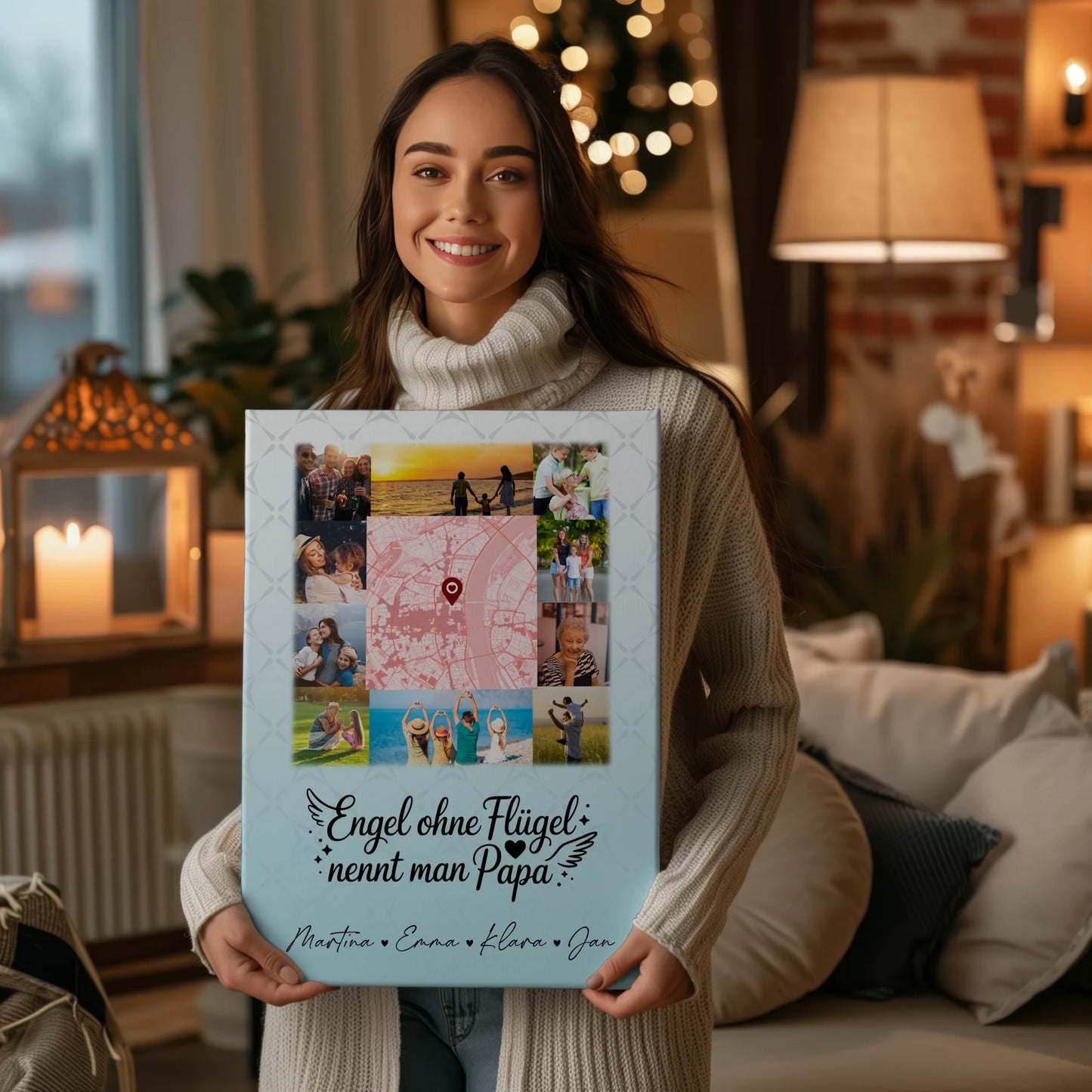 Personalisierte Leinwand Wandbild mit 10 Fotos und Karte in der Mitte Bruder ist ein Engel 2