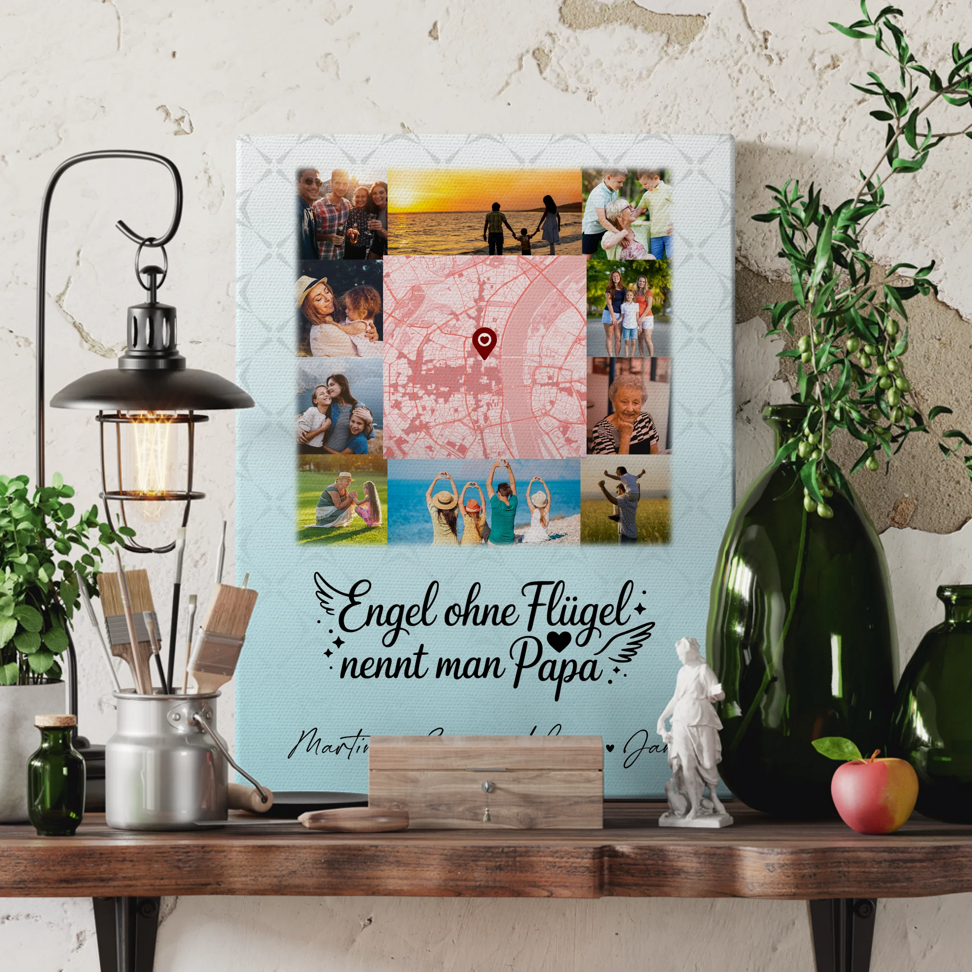 Personalisierte Leinwand Wandbild mit 10 Fotos und Karte in der Mitte Bruder ist ein Engel 3