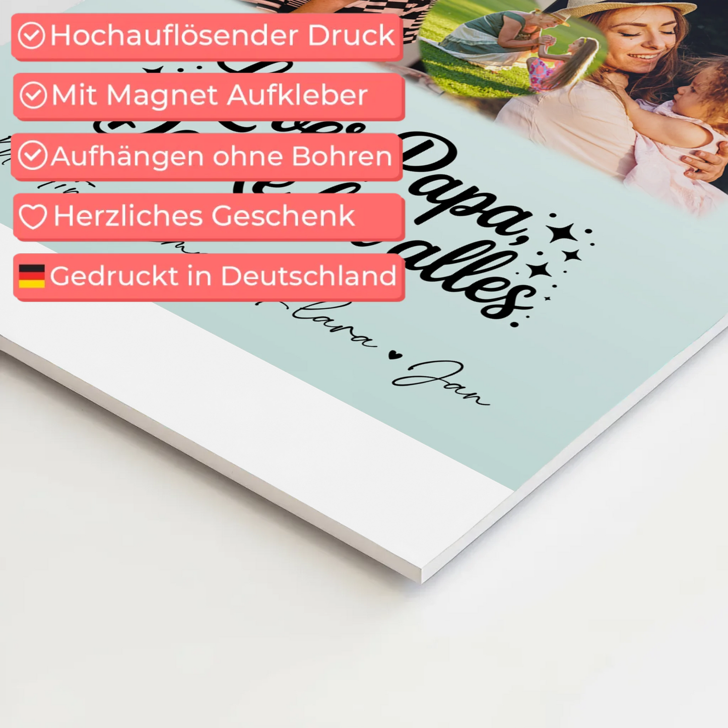 Personalisierte Fotoboard Magnet Poster mit 8 Fotos und Herz Motiv Lieber Papa Danke für alles