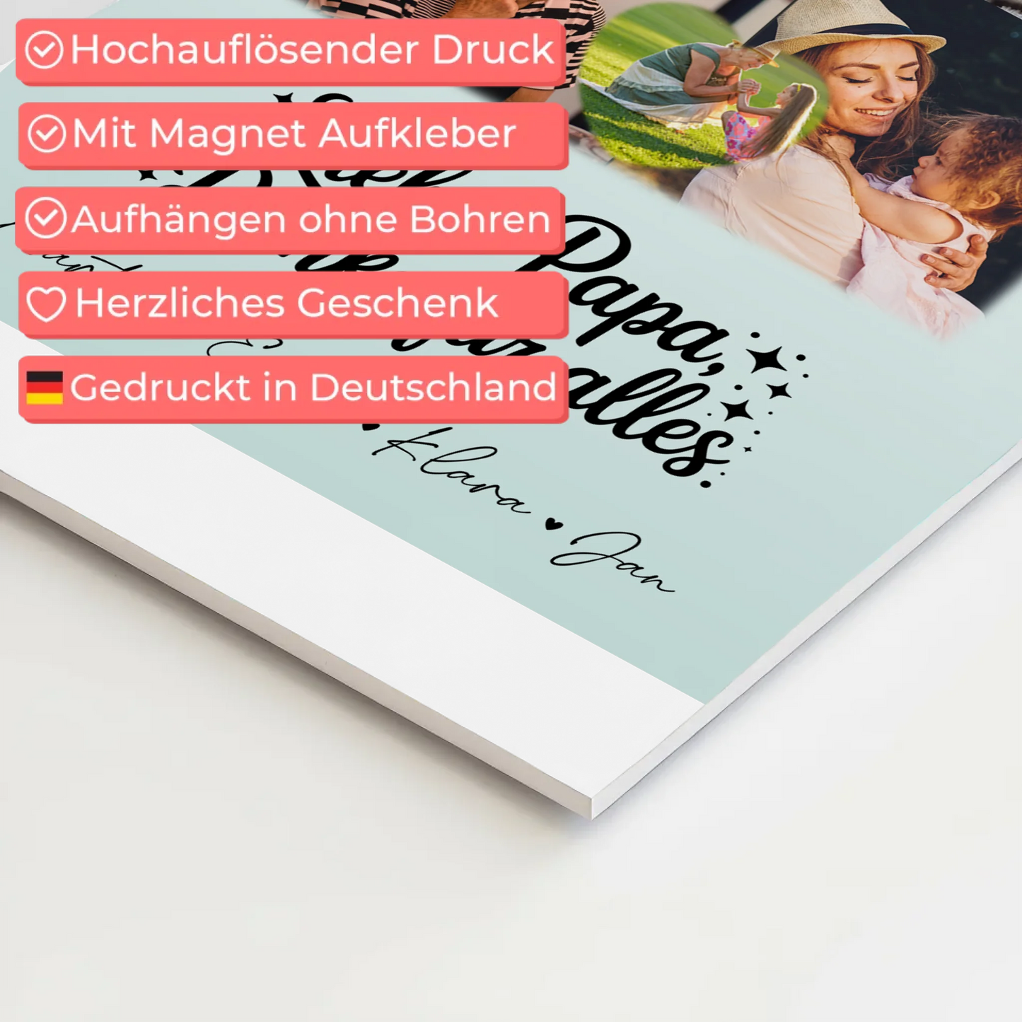 Personalisierte Fotoboard Magnet Poster mit 8 Fotos und Herz Motiv Lieber Papa Danke für alles