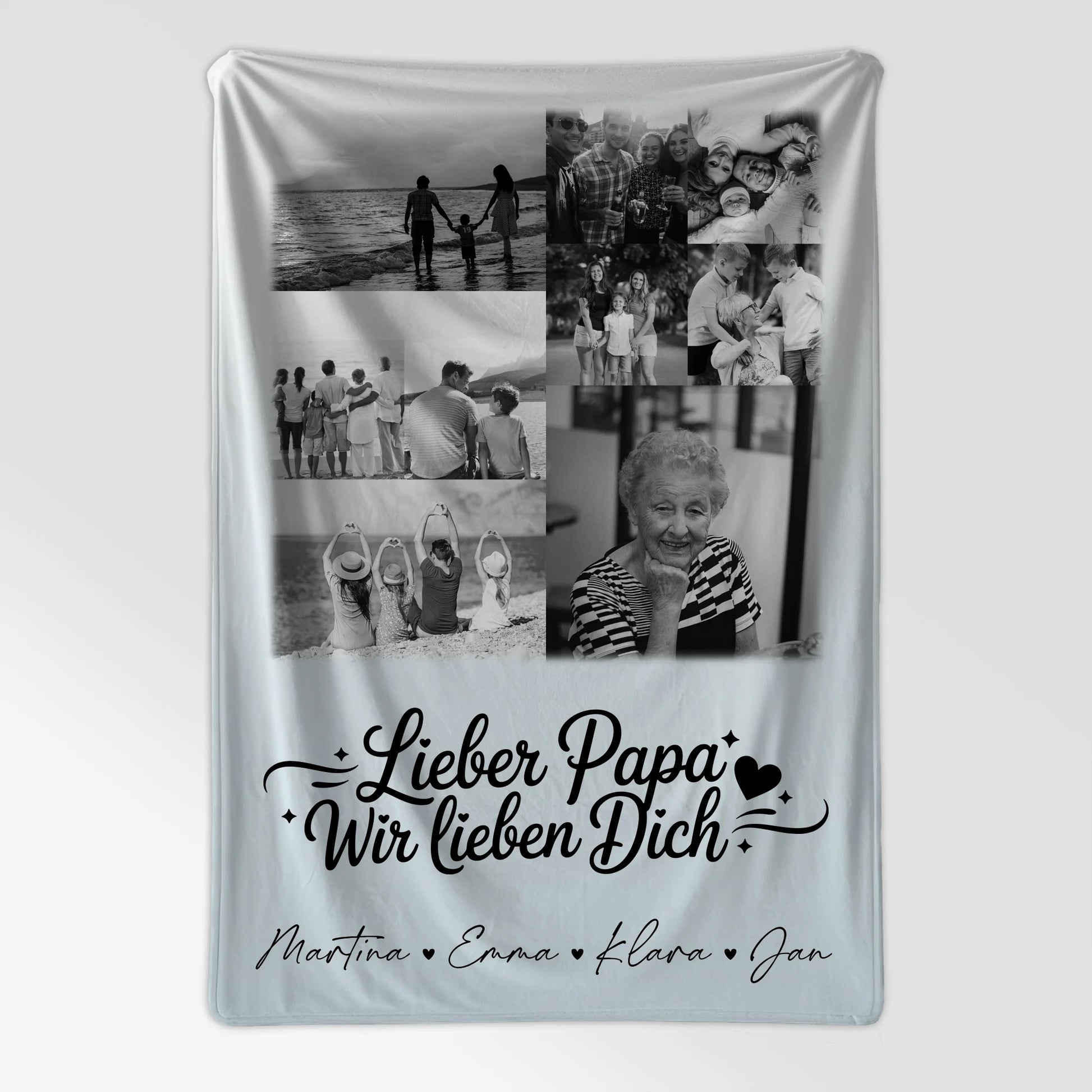 Personalisierte Namensdecke mit 9 Fotos Lieber Papa wir lieben Dich Schwarz-Weiß 7