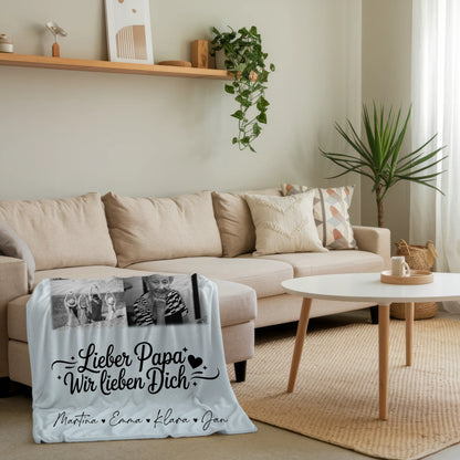 Personalisierte Namensdecke mit 9 Fotos Lieber Papa wir lieben Dich Schwarz-Weiß 4