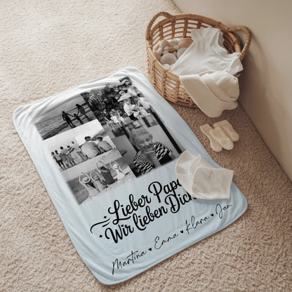 Personalisierte Namensdecke mit 9 Fotos Lieber Papa wir lieben Dich Schwarz-Weiß 2