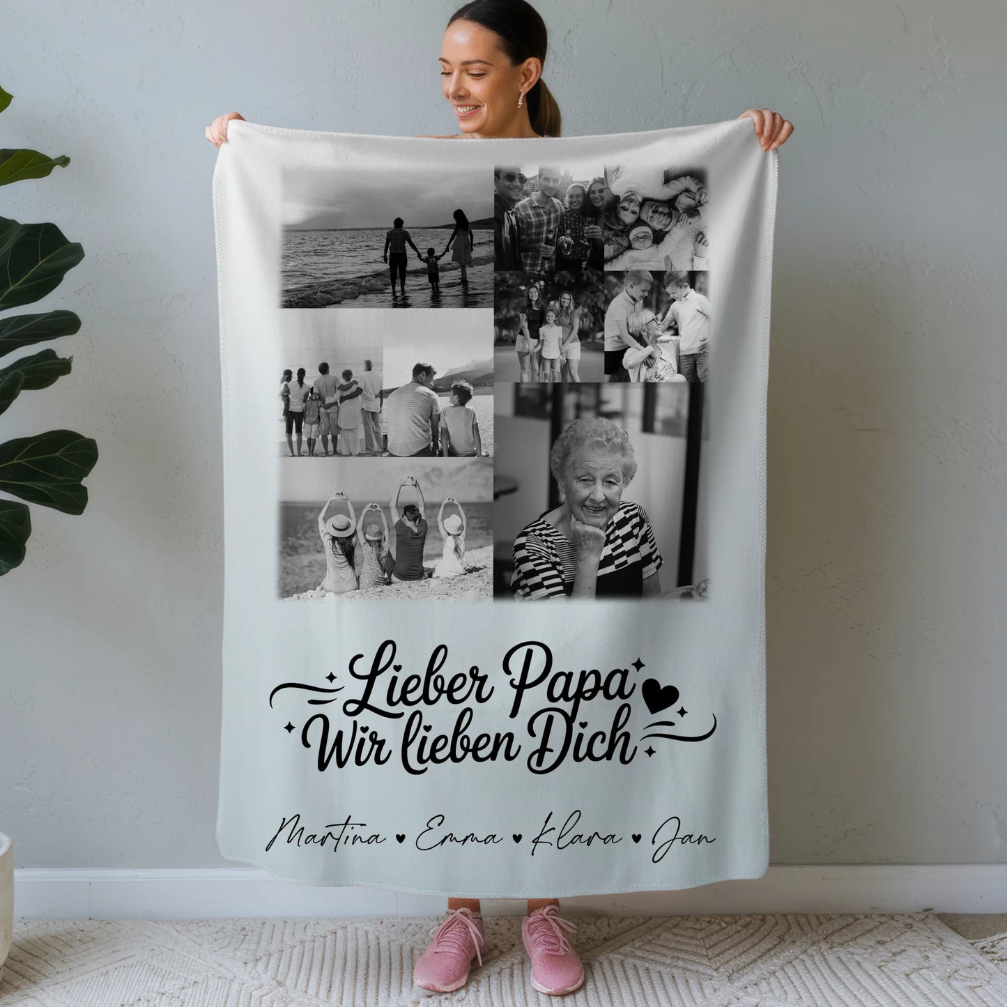Personalisierte Namensdecke mit 9 Fotos Lieber Papa wir lieben Dich Schwarz-Weiß 1