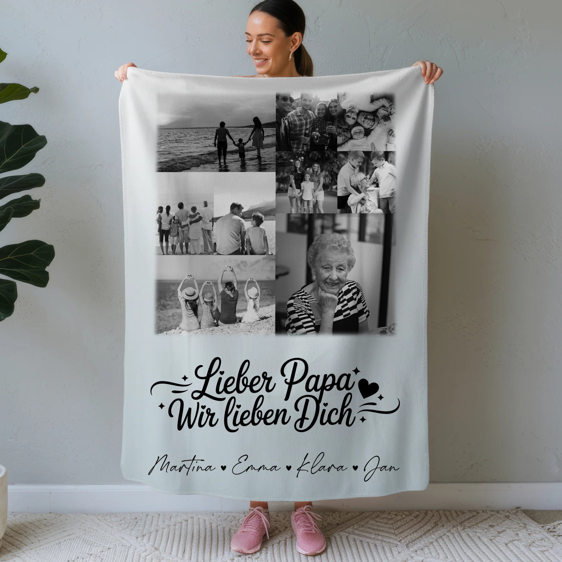 Personalisierte Namensdecke mit 9 Fotos Lieber Papa wir lieben Dich Schwarz-Weiß 1