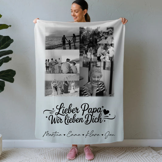 Personalisierte Namensdecke mit 9 Fotos Lieber Papa wir lieben Dich Schwarz-Weiß 1