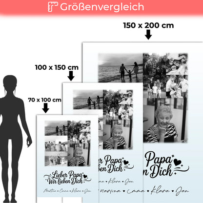 Personalisierte Namensdecke mit 9 Fotos Lieber Papa wir lieben Dich Schwarz-Weiß 5