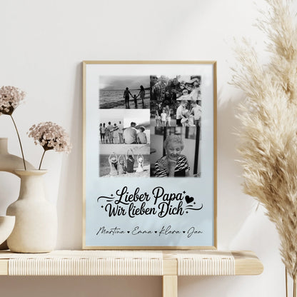 Vatertagsgeschenk Poster mit 9 Fotos Lieber Papa wir lieben Dich Schwarz-Weiß Personalisiert