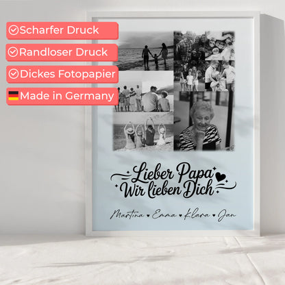 Vatertagsgeschenk Poster mit 9 Fotos Lieber Papa wir lieben Dich Schwarz-Weiß Personalisiert