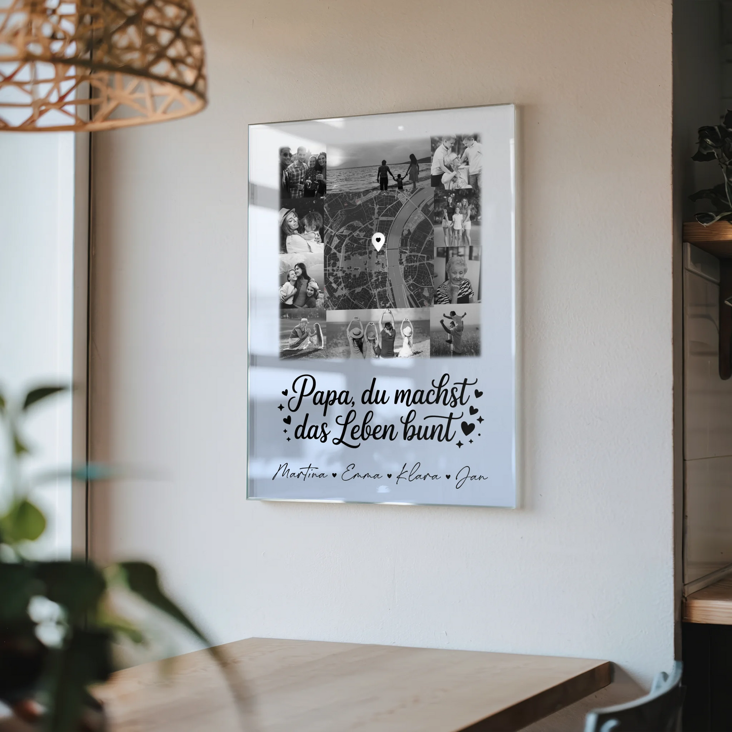 Acrylglas Mit Foto 10 Fotos und Karte in der Mitte Papa du bist mein Farbtupfer Schwarz-Weiß