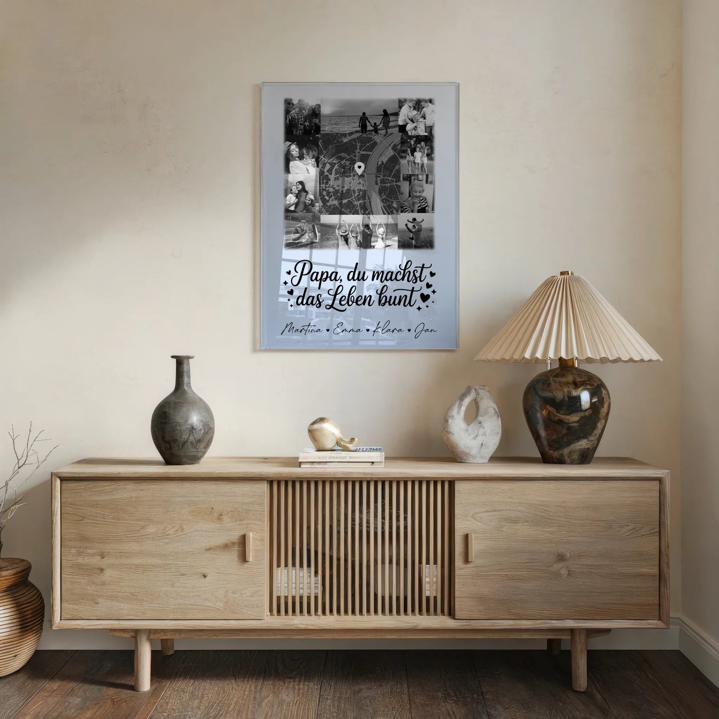 Acrylglas Mit Foto 10 Fotos und Karte in der Mitte Papa du bist mein Farbtupfer Schwarz-Weiß