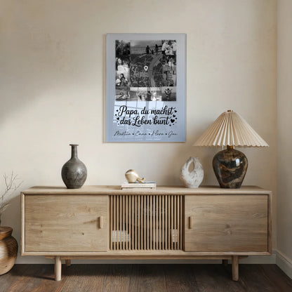 Acrylglas Mit Foto 10 Fotos und Karte in der Mitte Papa du bist mein Farbtupfer Schwarz-Weiß