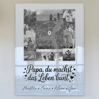 Acrylglas Mit Foto 10 Fotos und Karte in der Mitte Papa du bist mein Farbtupfer Schwarz-Weiß