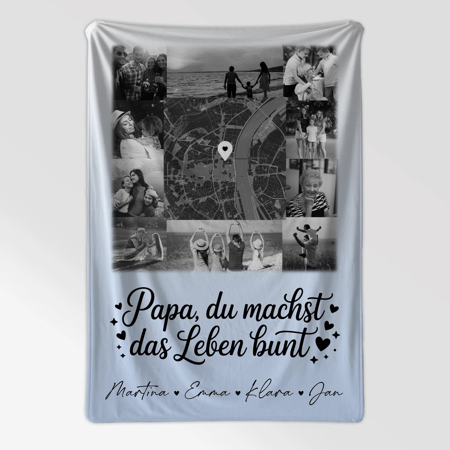 Personalisierte Decke für Mann mit 10 Fotos und Karte in der Mitte Schwarz-Weiß Papa du bist mein Farbtupfer 7